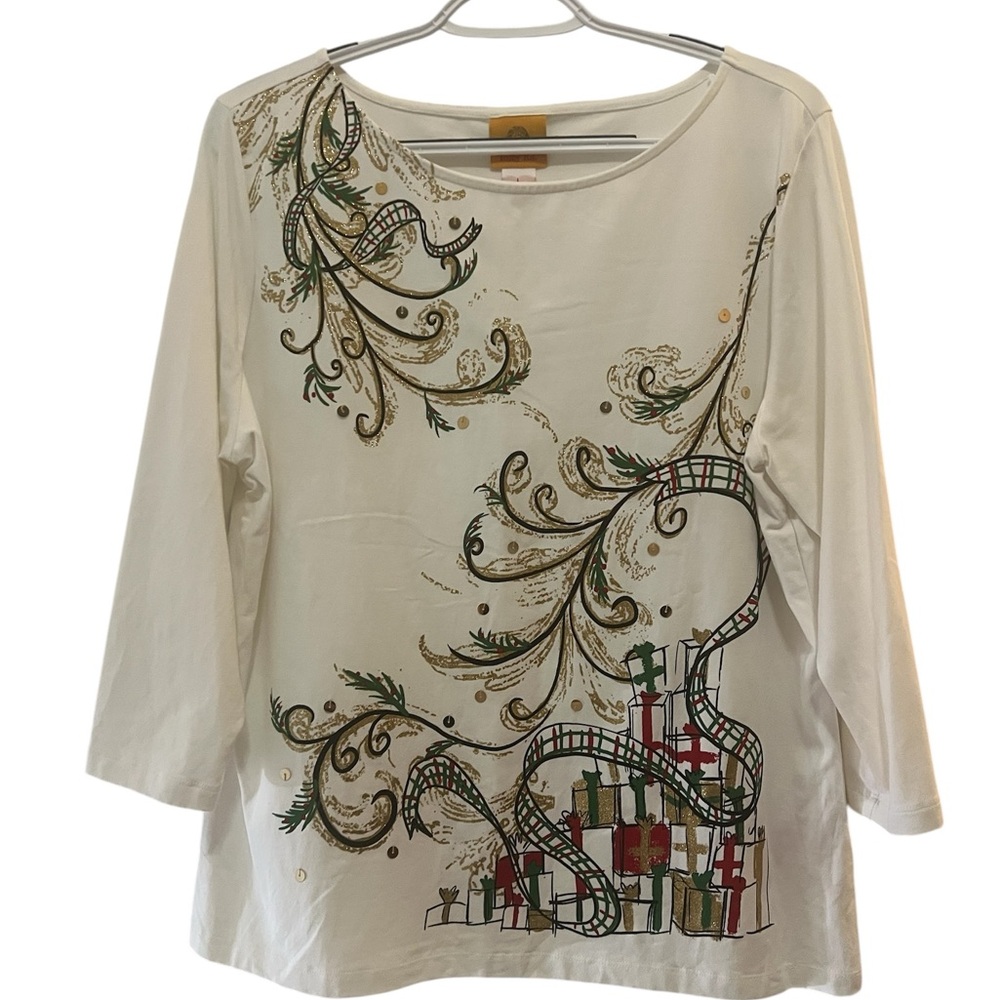 Ruby Rd. Off white and Green Artistic Long Sleeve Top